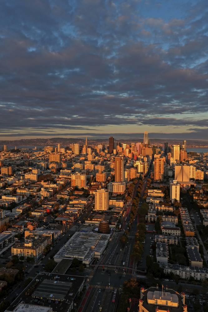 City skyline from above at golden hour